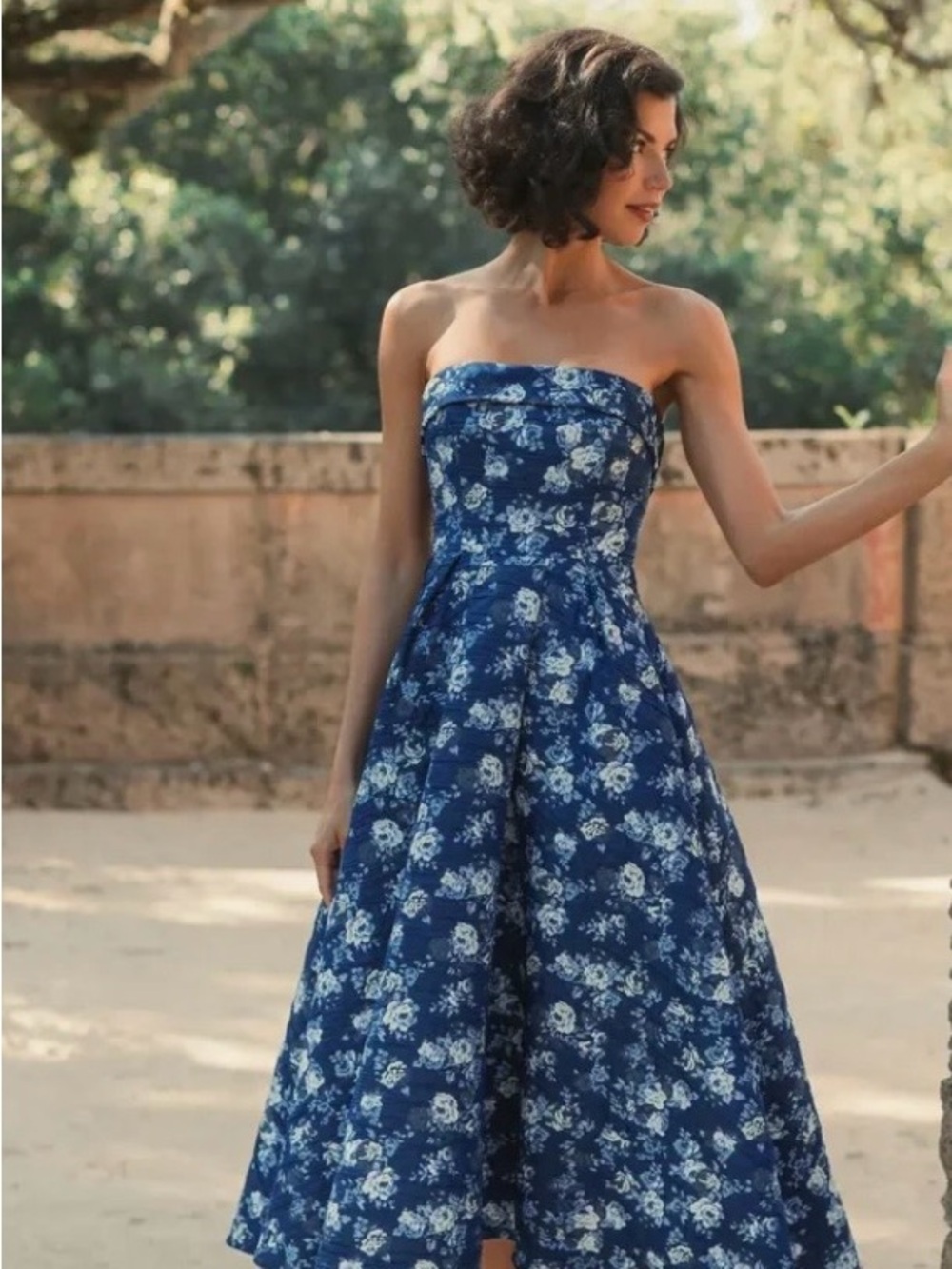 Mac Duggal Navy Blue and White Strapless Floral Midi Dress - Picture 3 of 6